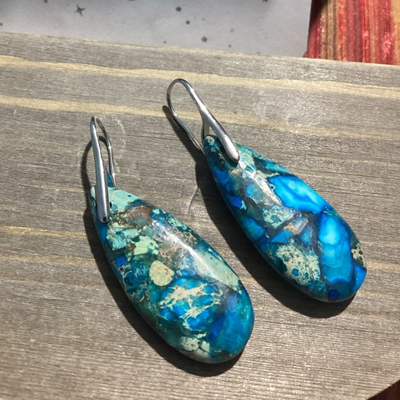 🌼 Blue &Teal  Natural Sea Jasper Stone Drop Earrings with Silver - Picture 6 of 10